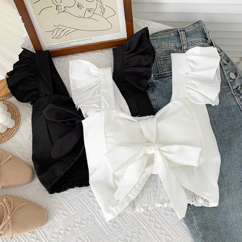 Áo kiểu 2 dây bèo vai croptop nhúm sau lưng cột nơ trước ngực kèm mút cực xinh , chất kate mềm mịn