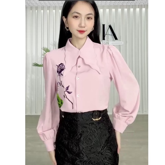 Áo sơ mi nữ hè Lamia Design SM342 màu hồng thêu hoa