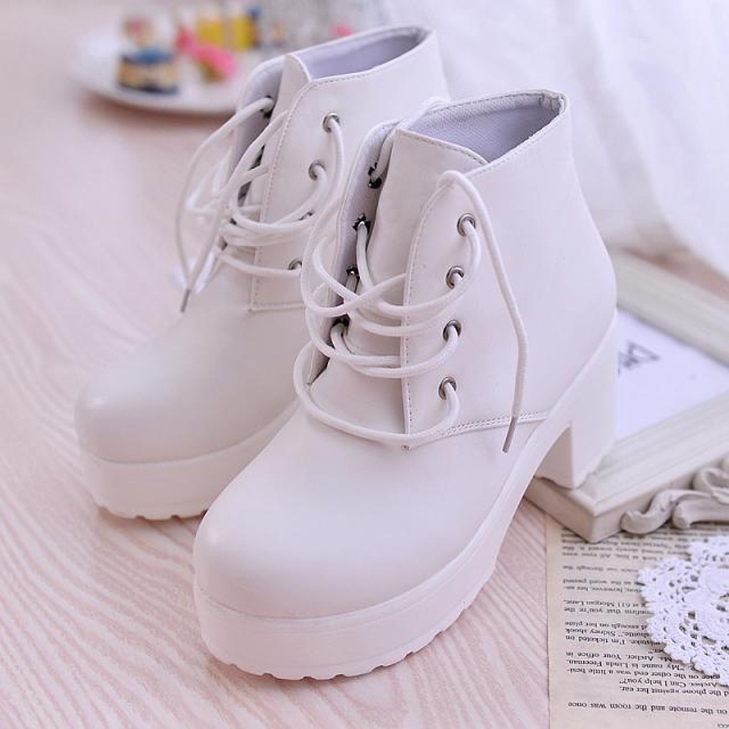 Giày Bốt Martin Nữ Ulzzang, Giày Da Cao Gót Cột Dây Đế Vuông 7cm Phong Cách Hàn Quốc, Vintage - Iclassy_shoes