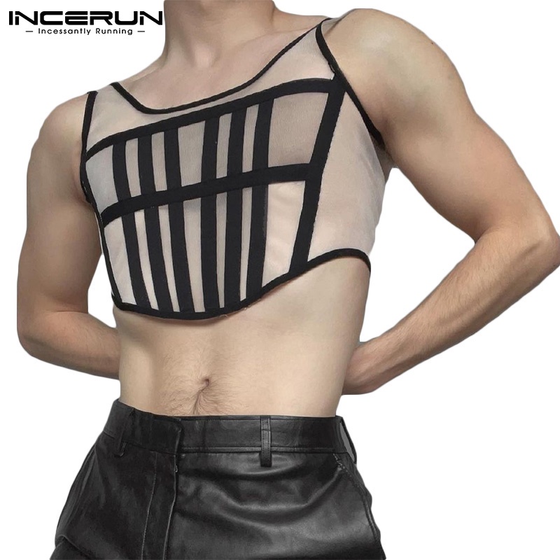 INCERUN Áo Ba Lỗ Cổ Tròn Kẻ Sọc Dáng Ôm Thời Trang Trẻ Trung Cho Nam