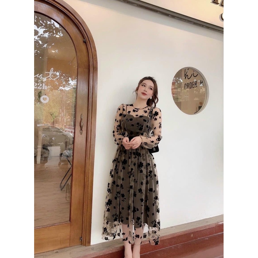 [Sale 50% free ship] Đầm midi dáng dài đi dự tiệc cưới siêu xinh với thiết kế lưới chủ đạo cực sexy có lót tôn dáng đẹp