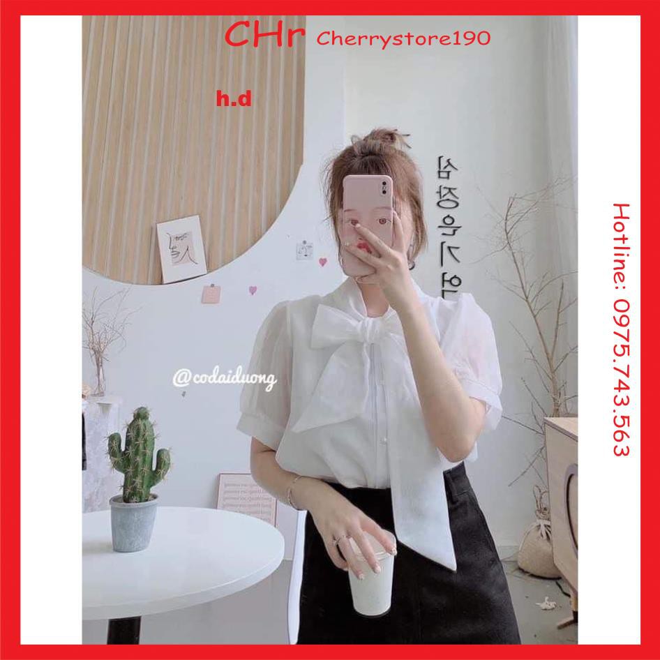 ÁO Somi Thăt Nơ Ngực Tay Voan, Đính Cúc Ngọc, Chất Thô Lụa CHR190