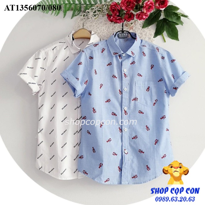Áo sơ mi tay ngắn họa tiết đỏ cho bé trai từ 10-44kg
