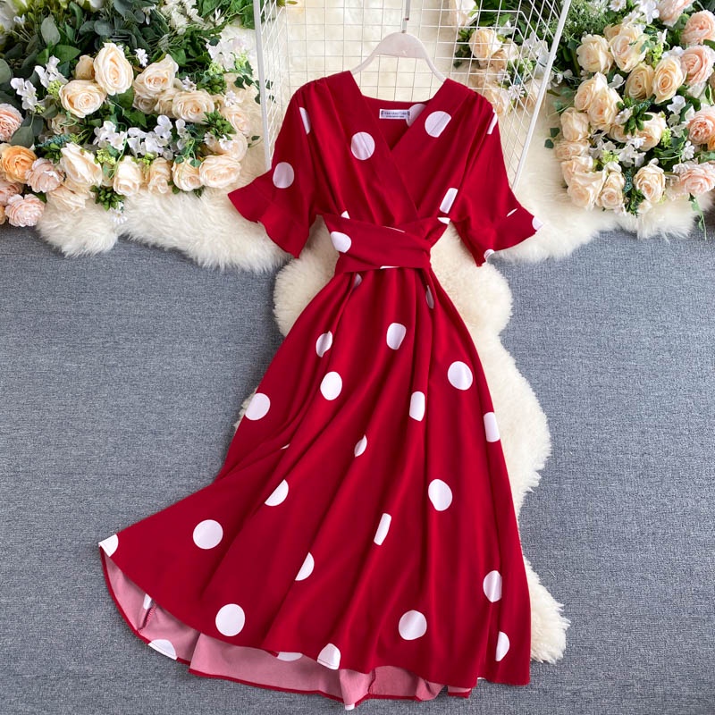 Đầm Midi Chiffon Nữ Tay Ngắn Cổ Chữ V Họa Tiết Chấm Bi Phong Cách Hàn Quốc