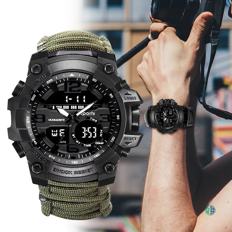 Ready Stock Men's Luminous Multifunctional Digital Watch Waterproof Compass Watch with Knitted Strap @vn