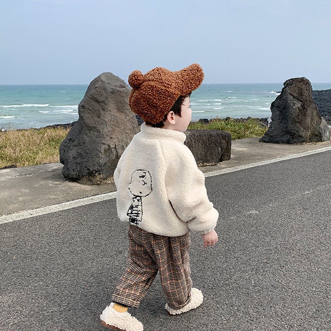 Hàng mới về Áo khoác chui đầu có mũ vải lông cừu thời trang mùa đông mới cho bé trai và bé gái 2021