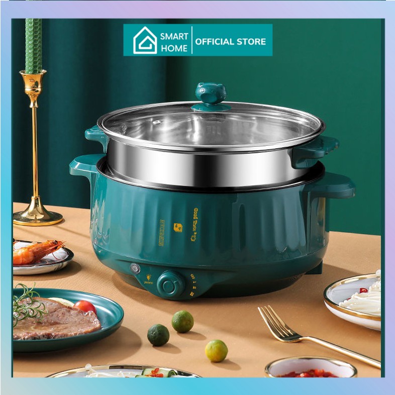 Nồi Lẩu Điện Mini 28cm Núm Xoay 3 Mức Nhiệt , Nồi Nấu Đa Năng Vân Đá Chống Dính Chiên Xào Tiện Lợi