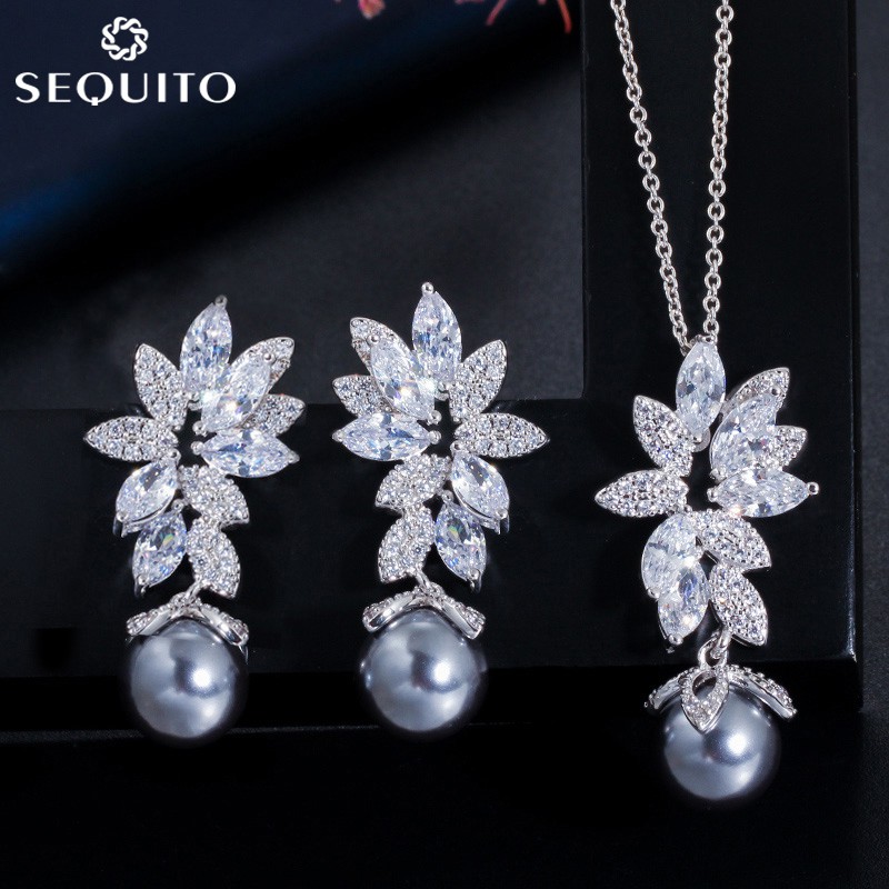 Sequito Bộ Vòng cổ + Bông Tai Mạ Bạc Đính Đá zircon Và Ngọc Trai Nhân Tạo Thời Trang j073
