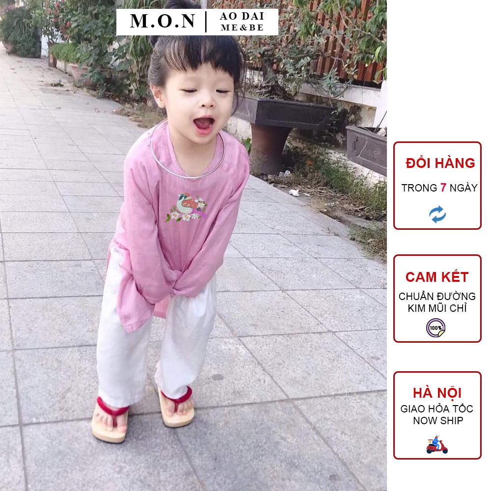 Áo Dài Bé Gái Vải Lụa Mát Lịm Thêu Chim Hoa Quế Chi Tím Hồng