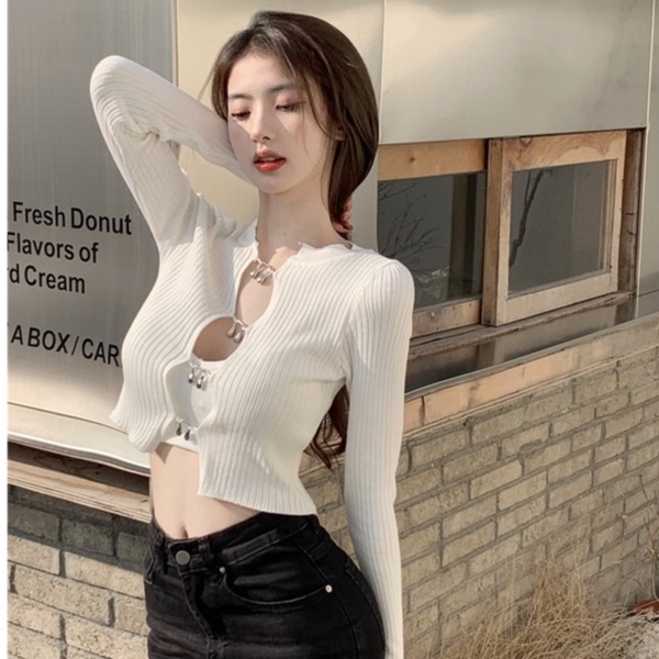 Áo croptop dệt kim ROCOREN tay dài dáng ôm phong cách Hàn Quốc thời trang quyến rũ cho nữ