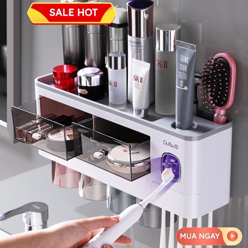 KỆ NHÀ TẮM DÁN TƯỜNG THÔNG MINH TẶNG KÈM CỐC HÚT TỪ TÍNH TRONG SUỐT. BỘ NHẢ KEM ĐÁNH RĂNG TỰ ĐỘNG A1910