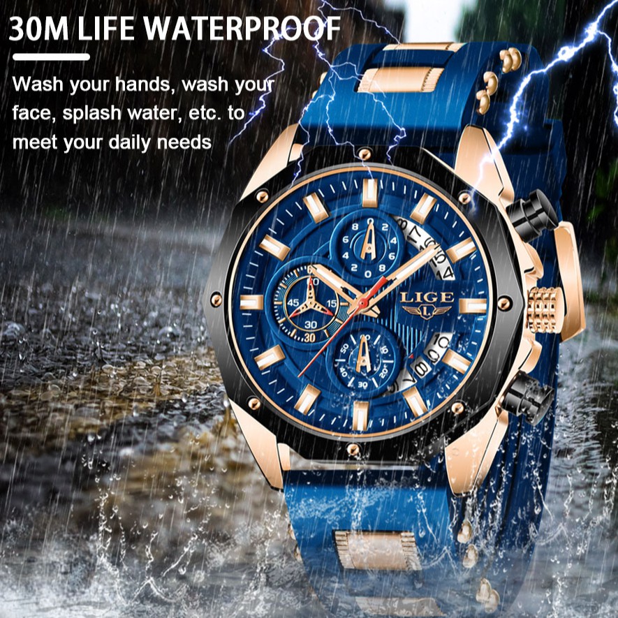 LIGE 2021 thời trang mới Đồng Hồ Nam chống nước Đồng hồ đeo tay thể thao silicon Với Lịch Chronograph Đồng hồ thạch anh + hộp | BigBuy360 - bigbuy360.vn