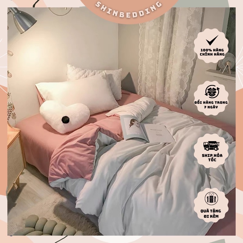 Set Chăn Ga Trắng Phối Ga Hồng Cotton Tc Hàng Chuẩn Xuất Nhất (Shinbedding.shop)
