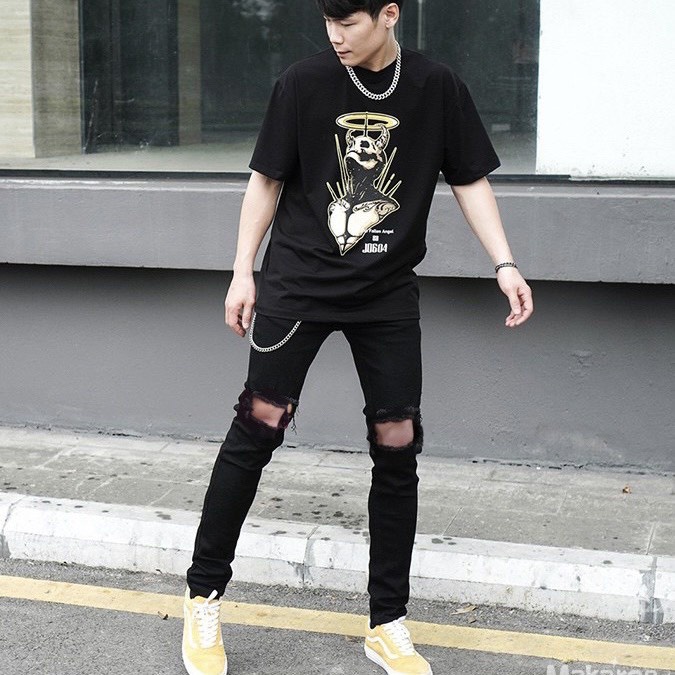 Quần Skinny Jeans Nam-Màu Đen-Rách Gối To-Chất Liệu Cotton Co Giãn-Ống Đứng Dáng-Ống Ôm Chân Chuẩn Skinny 01