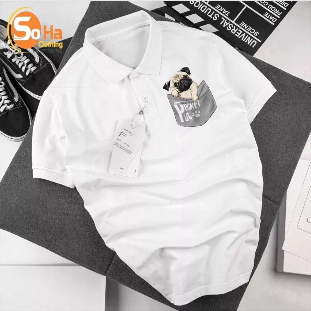 ÁO THUN POLO NAM NỮ CÓ TÚI HOẠ TIẾT CHÓ PUG CỰC XINH