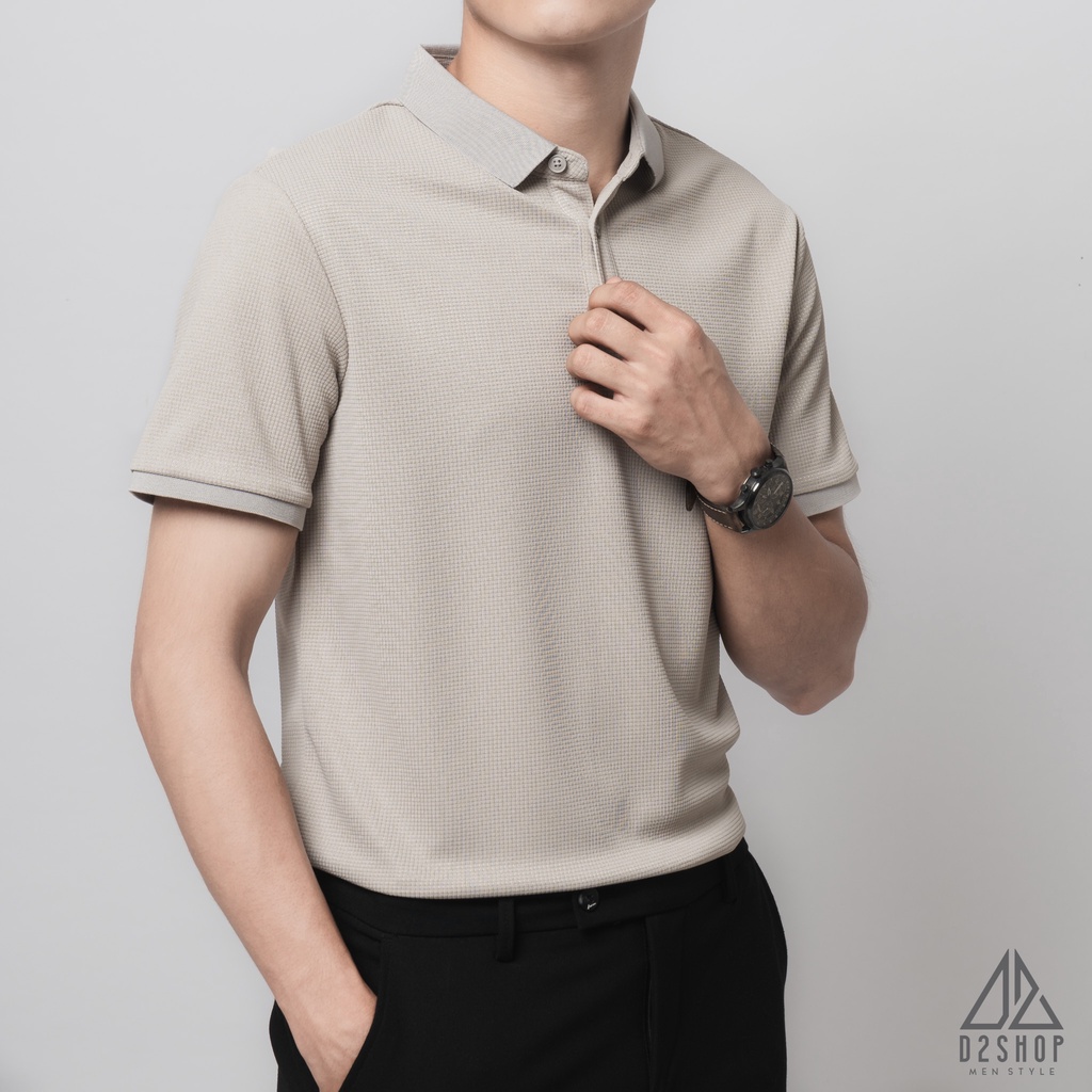 Áo thun polo nam D2shop, áo polo nam dệt kim, màu kem