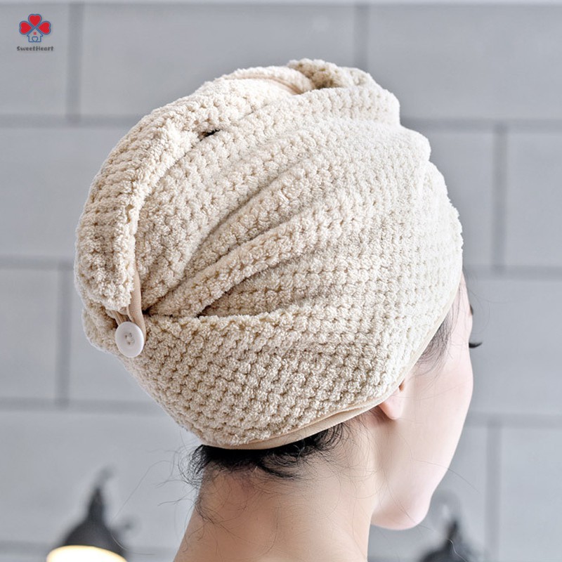Khăn quấn đầu lau khô tóc nhanh chóng bằng microfiber có nút cài tiện lợi | BigBuy360 - bigbuy360.vn