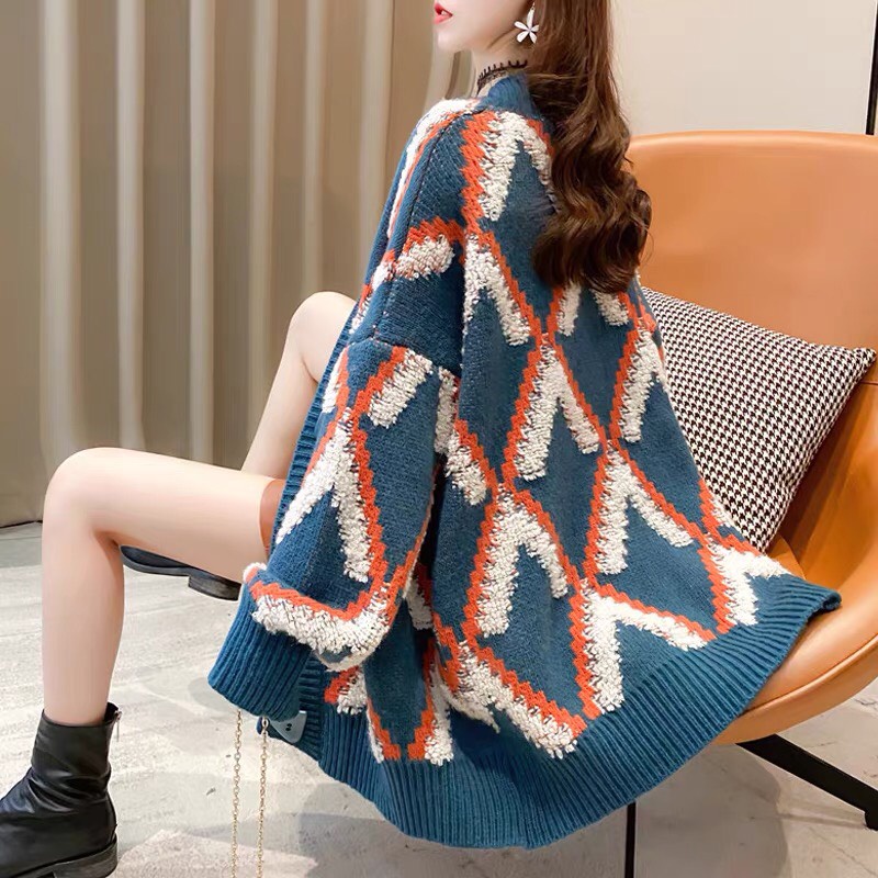 Áo khoác Cardigan Forgirl thổ cẩm xanh dương kẻ cam trắng dáng rộng