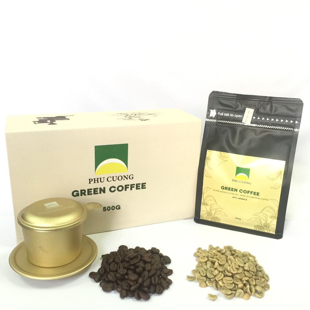 Cà phê xay Arabica Cầu Đất GREEN COFFEE GIFTS - Hộp quà biếu tặng sức khỏe, sang trọng1 gói Green Coffee 250g & 1 phin