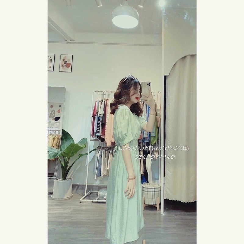 Đầm xanh tay phồng cột eo ( ảnh thật sàn)