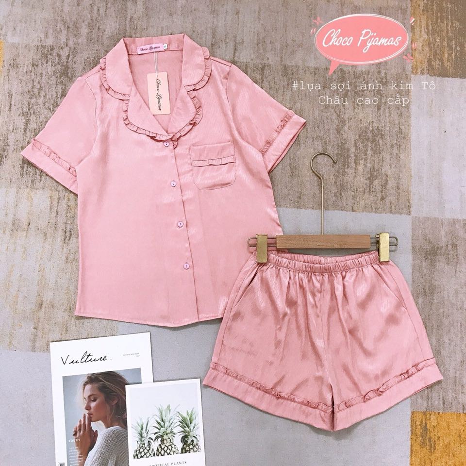 Bộ đồ pijama nữ thanh lịch Bộ lụa đùi choco pijama Bộ Ngủ Pijama Tay Cộc Quần Cộc hàng cao cấp