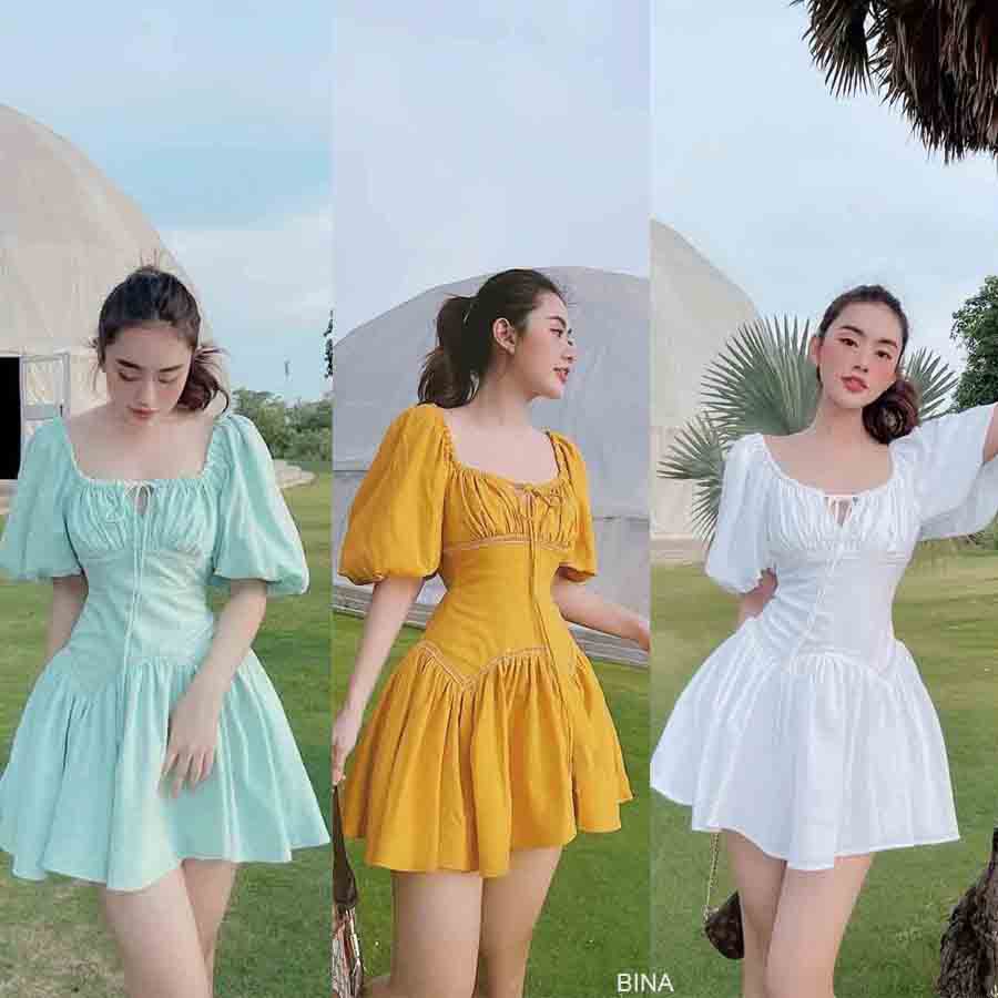 NAPUBEE Đầm Xòe Tay Phồng Thiết Kế Dạo Phố, Dự Tiệc BINA DRESS