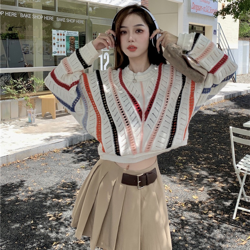 Áo Sweater Tay Dài Dáng Rộng Kẻ Sọc Cầu Vồng Thời Trang Cá Tính