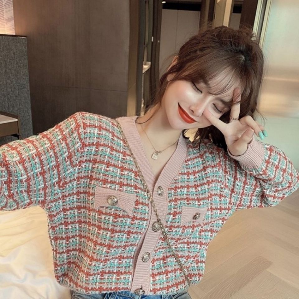 Áo khoác len cardigan họa tiết sọc caro phong cách Hàn Quốc thời trang cho nữ