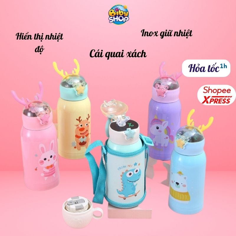 Bình hiển thị nhiệt độ sừng hưu inox 400ml có túi xách đi kèm tiện lợi pha sữa đựng nước giữ nhiệt được lâu