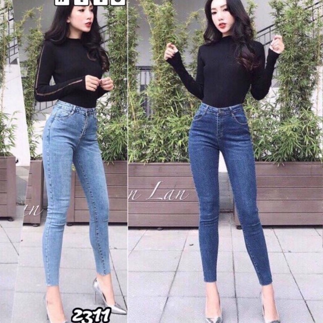 Quần bò trơn cạp cao co giãn 4 chiều