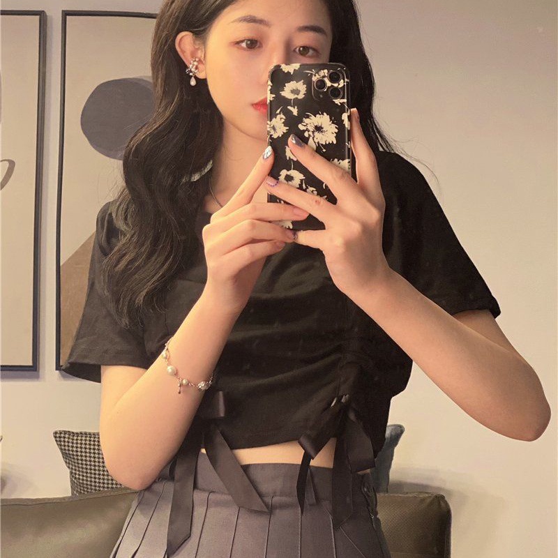 IELGY Áo thun ngắn in màu kiểu phương Tây dễ phối đồ