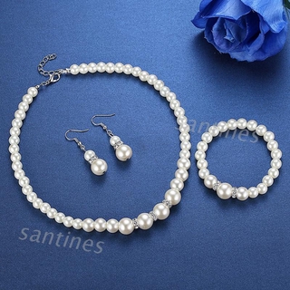 Bộ Trang Sức Vòng Cổ + Bông Tai + Vòng Tay Đính Ngọc Trai Nhân Tạo Màu Trắng Thanh Lịch