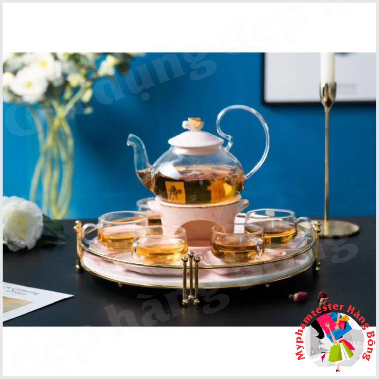 Bộ ấm chén pha trà hoa cúc ấm bằng thủy tinh chịu nhiệt kèm khay hình  tròn