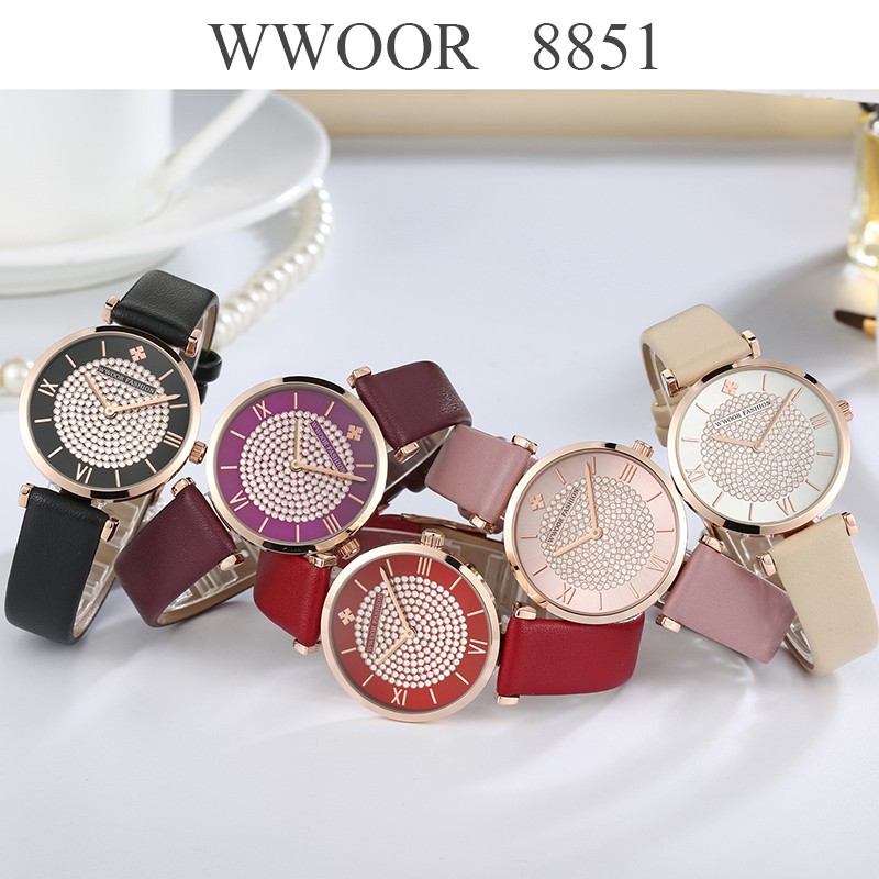 Đồng hồ quartz WWOOR 8851 bằng thép không gỉ phối dây đeo da thật thời trang cao cấp cho nữ