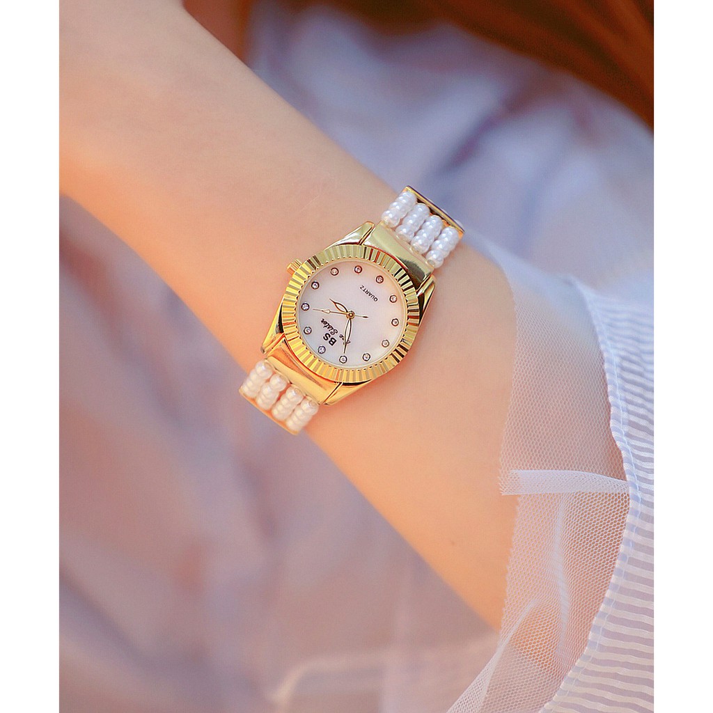 Đồng hồ nữ chính hàng Bee Sister cao cấp, dây ngọc trai và viền vàng, đính đá lấp lánh như kim cương | BigBuy360 - bigbuy360.vn