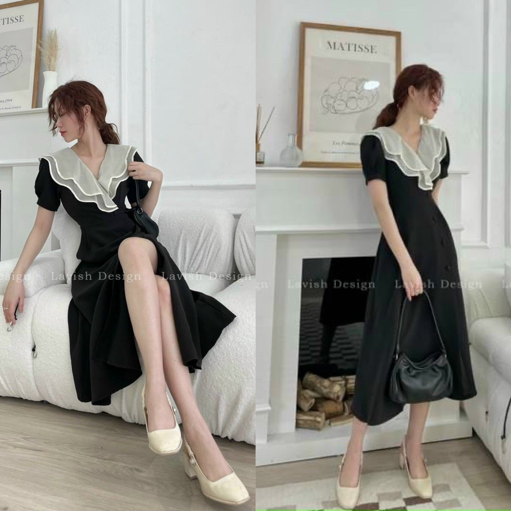 Váy đầm dáng suông phối voan tơ cài nút bọc xẻ tà dáng tiểu thư phong cách thời trang nữ thiết kế sang trọng