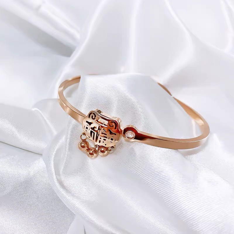 Vòng tay khóa trường mệnh bằng thép titan màu vàng hồng chống nước không dị ứng không phai màu phong cách Hàn Quốc