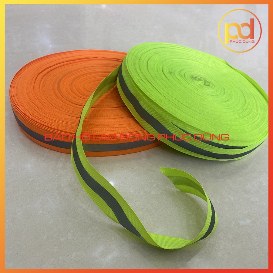 Cuộn dây phản quang 100m phát sáng may áo màu xanh chuối và cam sọc bạc - loại 2,5 cm hoặc 5cm - Có bán lẻ theo m
