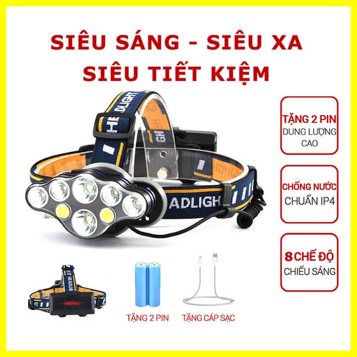 Đèn pin đội đầu siêu sáng 8 bóng Led chiếu xa 200M, đèn pin đeo trán 8 chế độ chống thấm nước nhỏ gọn tiện dụng