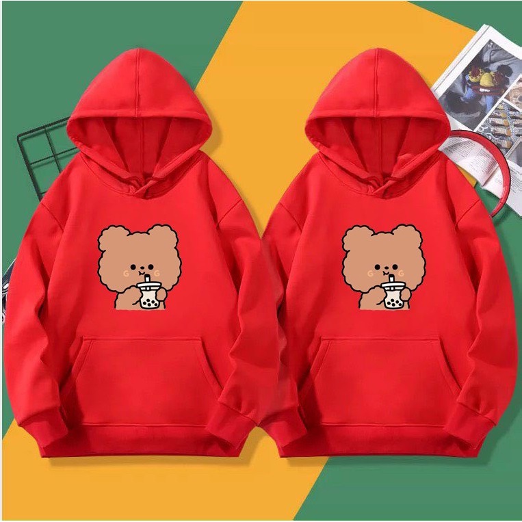 ÁO HOODIE NỈ PHOM NAM NỮ IN GẤU UỐNG TRÀ SỮA CỰC ĐẸP