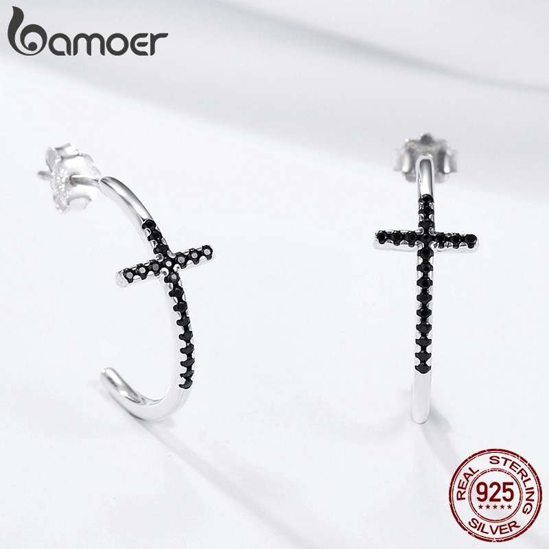 Đôi khuyên tai Bamoer bằng bạc hình cây thánh giá đính đá nhân tạo thời trang cho nữ