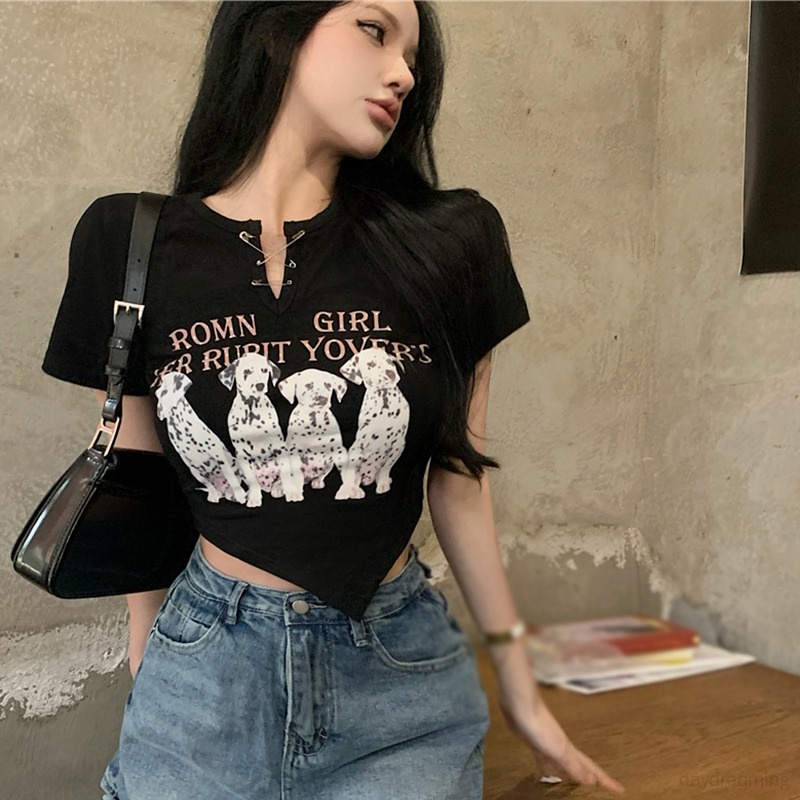 Áo Thun Croptop Cổ Tròn In Hình Động Vật Phong Cách Hàn Quốc Xinh Xắn Cho Nữ