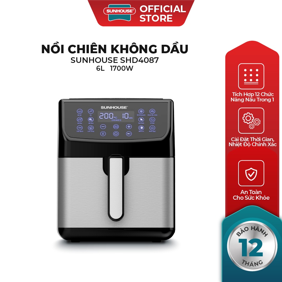 Nồi chiên không dầu 6L Sunhouse SHD4087 dung tích 6L | Đa chức năng 12 trong 1 | Cài đặt thời gian, nhiệt độ chính xác