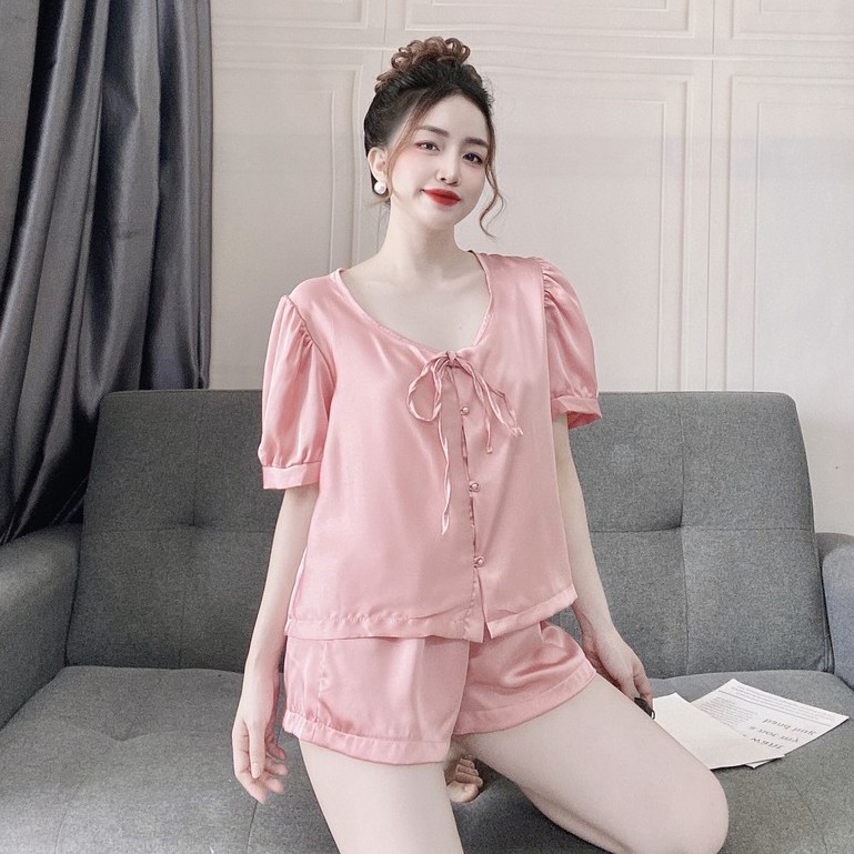 Đồ ngủ tiểu thư tay ngắn đính nút ngọc, lụa satin cao cấp mềm mại, freesize 40-60kg tùy chiều cao YONI 037 | BigBuy360 - bigbuy360.vn