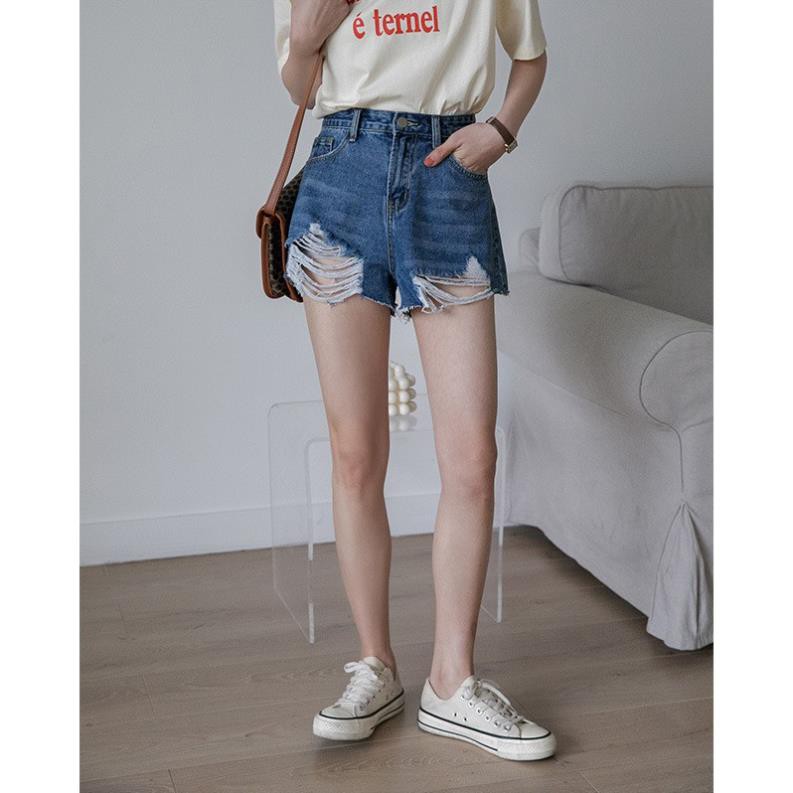 Quần Short Jean Nữ Ống Rộng Lưng Cao Rách Màu Xanh Đậm Ulzzang Hàn Quốc Quần Đùi Bò Cạp Cao Denim Hàn Quốc
