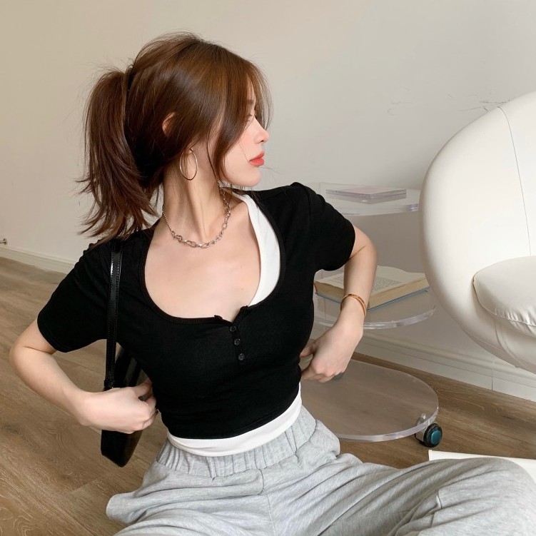 Áo Thun Tay Ngắn Giả Hai Lớp Phong Cách Hàn Quốc Cho Nữ