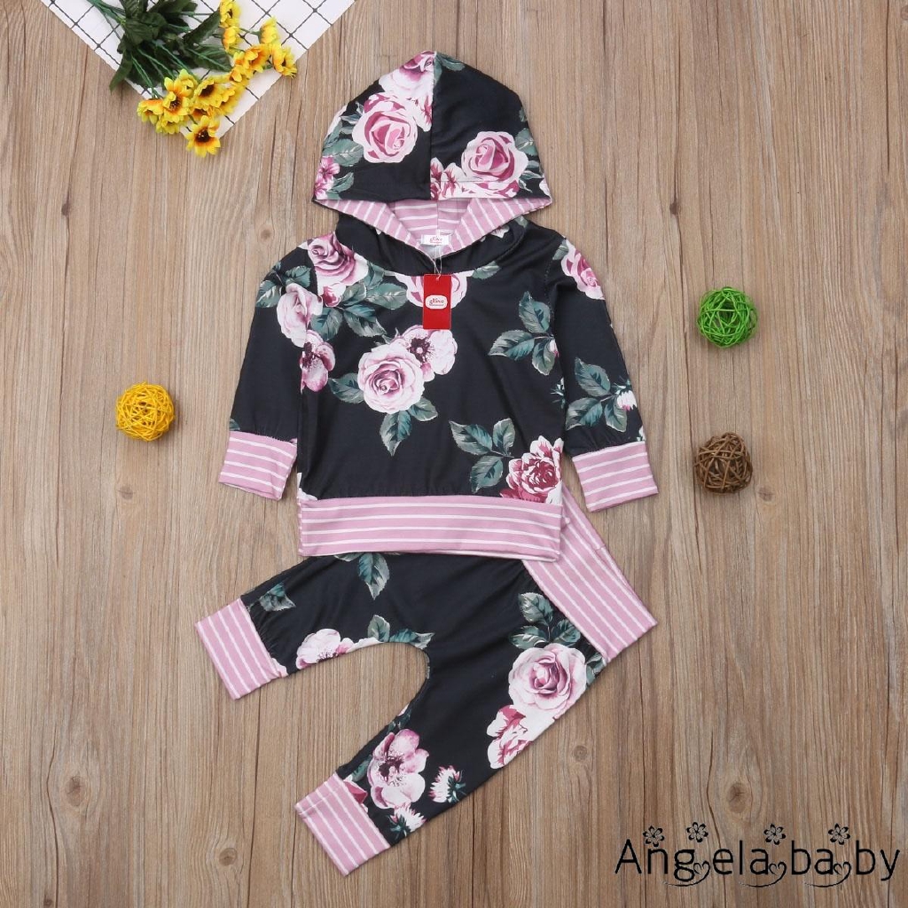 Set áo hoodie + quần dài in hoa dễ thương cho trẻ sơ sinh