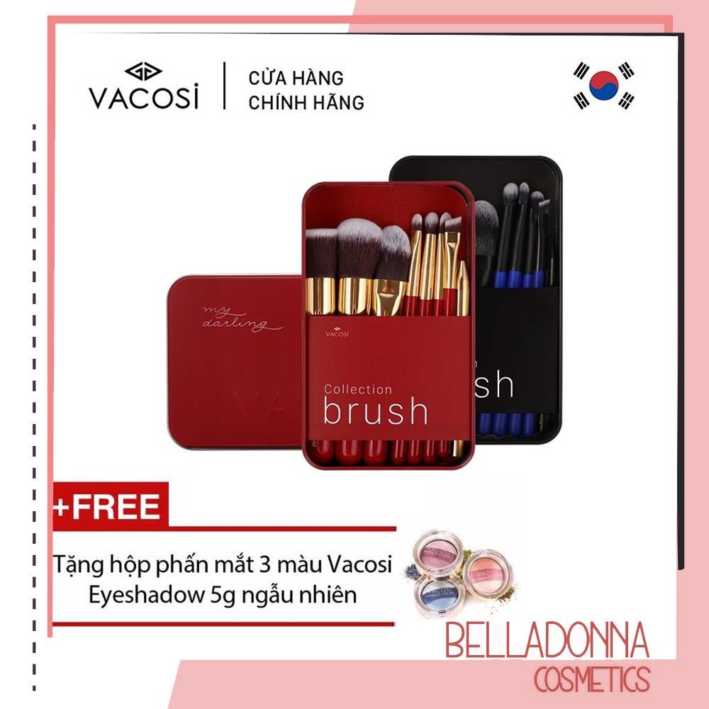 [Hàng chính hãng] Bộ cọ hộp sắt 8 cây Vacosi Makeup House (Đen) Tặng hộp phấn mắt 3 màu Vacosi Eyeshadow 5g ngẫu nhiên