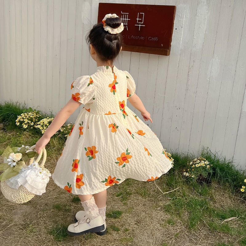 Đầm Sườn Xám Ngắn Tay In Hoa Cho Bé Gái