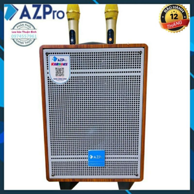 Loa kẹo kéo mini AZPRO bass 15 Loa di dộng hát karaoke vỏ gỗ kèm 2 mic không dây